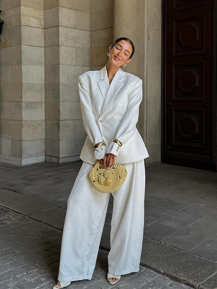 Women's Oversized Linen Blazer with Structured Shoulder and Tailored Hem EVA-US