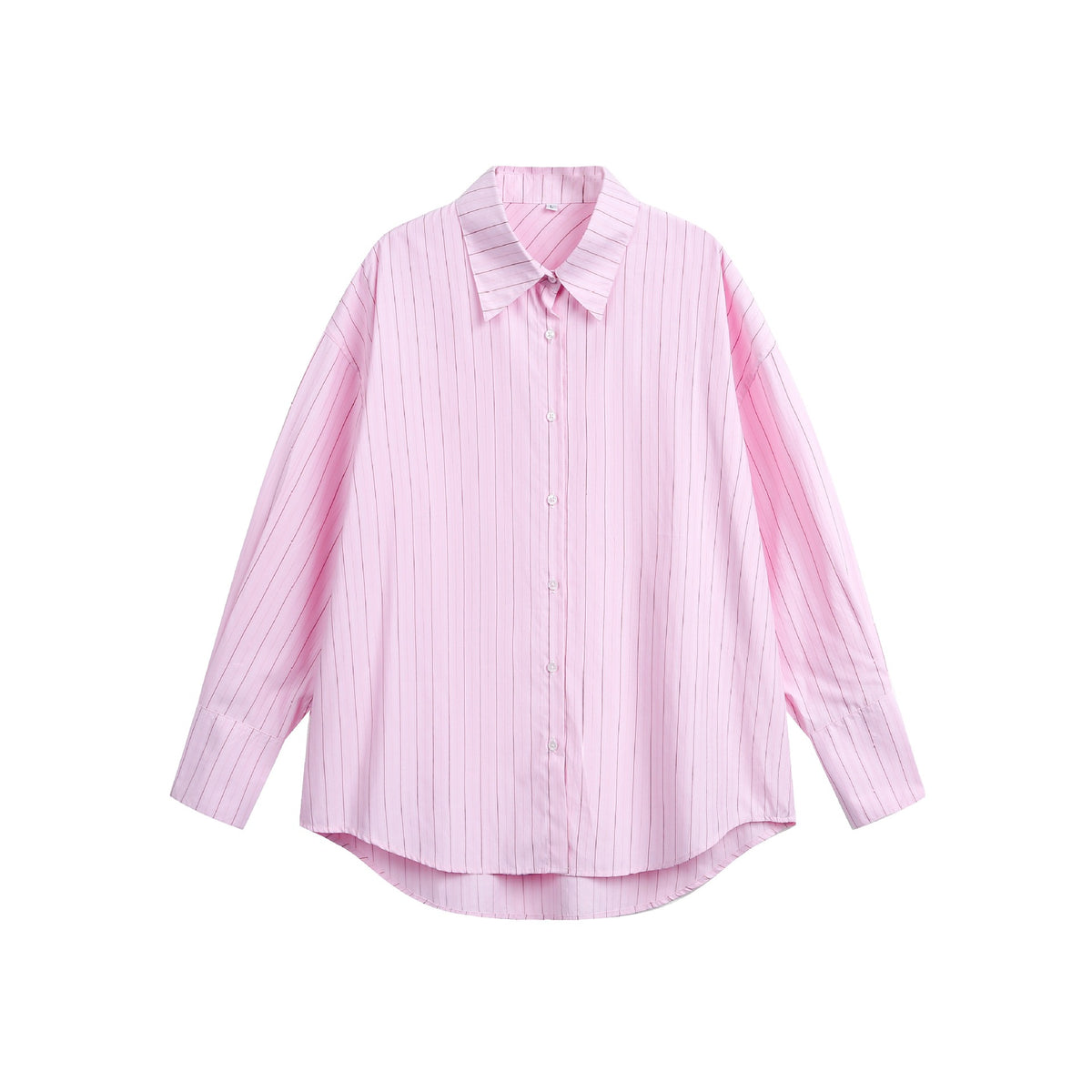 Women's oversized shirt blouse with fine pinstripe texture and rounded hem.