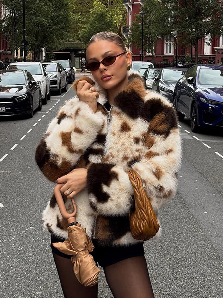 Women's Short Patchwork Faux Fur Blouson with Stand Collar and Concealed Zipper EVA-US