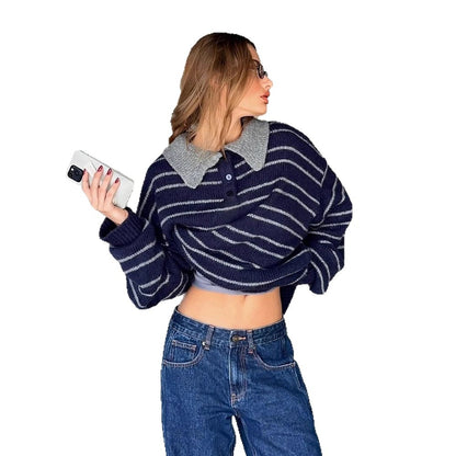Women's Oversized Knit Sweater with Polo Collar & Stripe Pattern EVA-US
