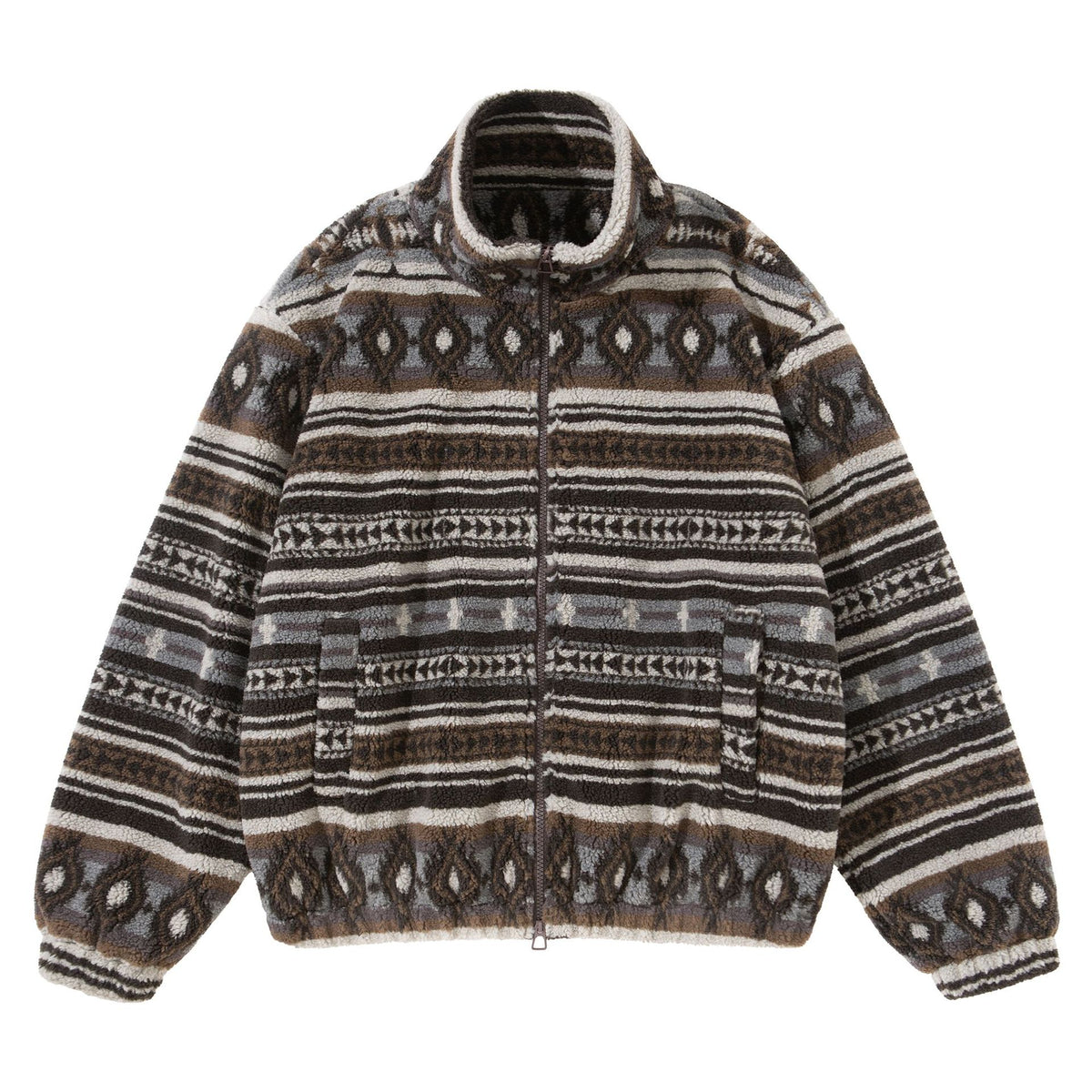 Unisex Short Jacket made of Teddy Fleece with Ethno Pattern and Stand-Up Collar EVA-US