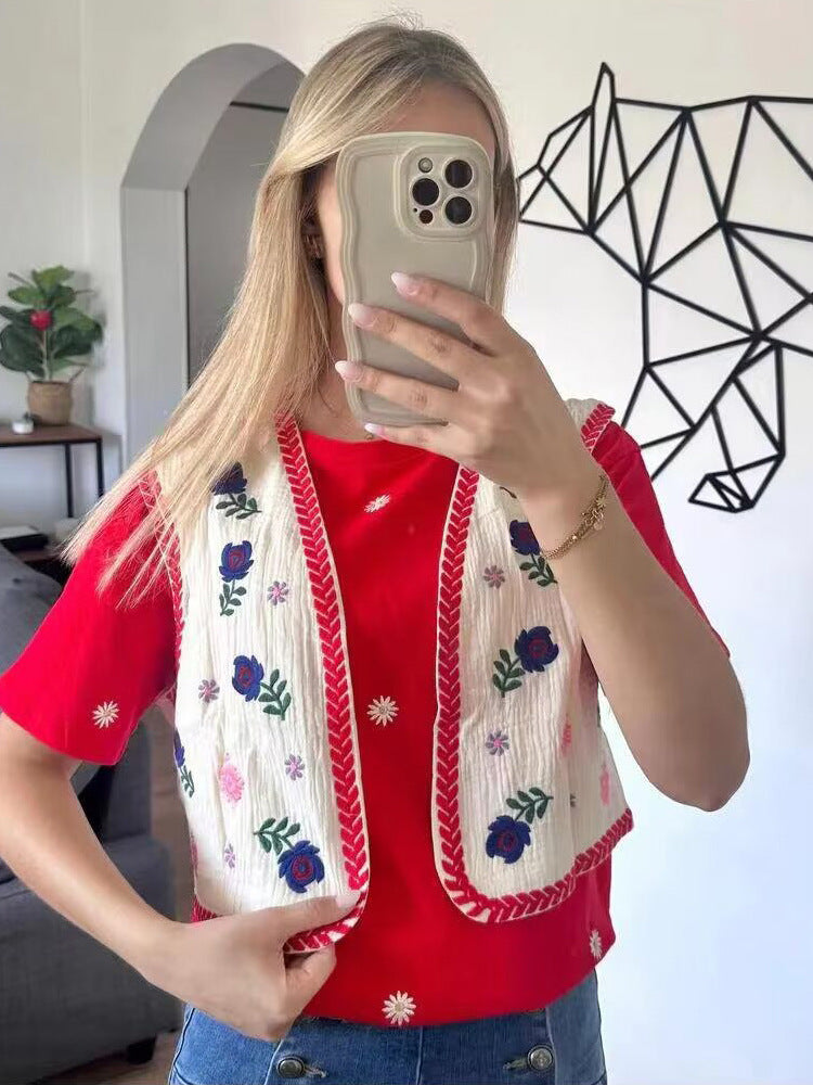Women's Embroidered Short Vest in Boho Chic with Floral Applications EVA-US