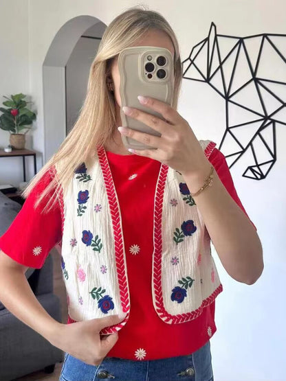Women's Embroidered Short Vest in Boho Chic with Floral Applications EVA-US