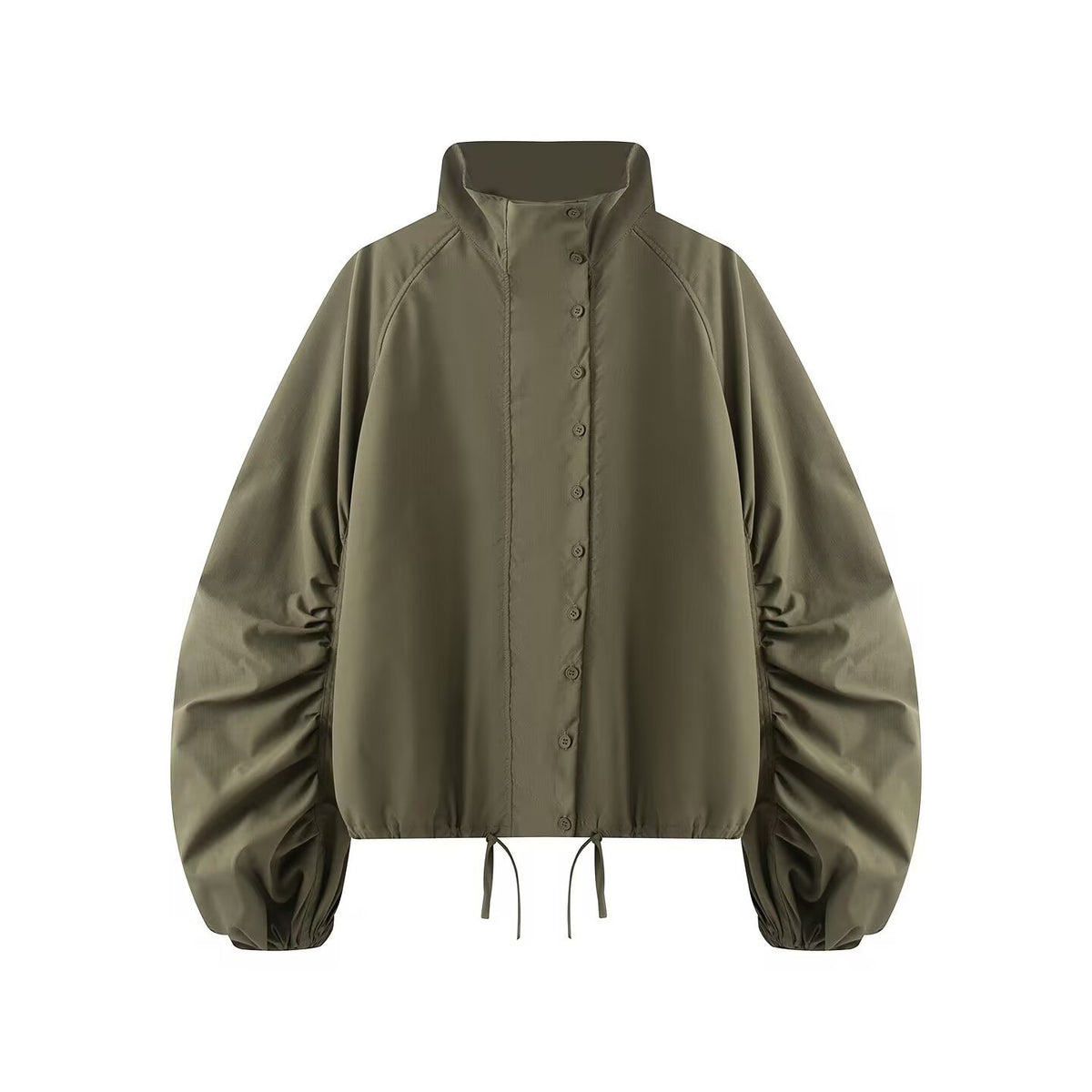 Women's transitional jacket with wide balloon sleeves, stand-up collar and drawstring.