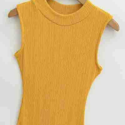 Women’s midi dress in rib knit, sleeveless slim-fit with stand-up collar EVA-US