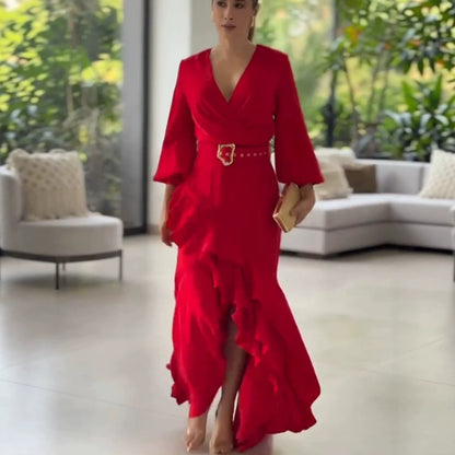 Women's Elegant Wrap Maxi Dress with Ruffles, Fitted Belt & Wide Bell Sleeves EVA-US