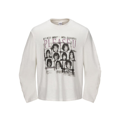 Unisex Oversized Long Sleeve Shirt with Vintage Band Print and Round Neck EVA-US