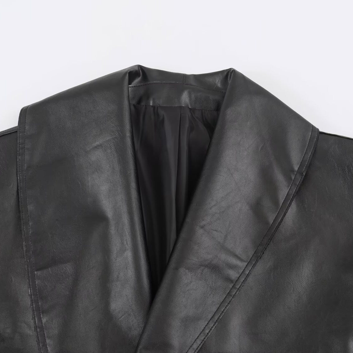 Women's Cropped Leather-Look Jacket with Oversized Shawl Collar and Tailoring Buckle Belt EVA-US