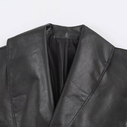 Women's Cropped Leather-Look Jacket with Oversized Shawl Collar and Tailoring Buckle Belt EVA-US