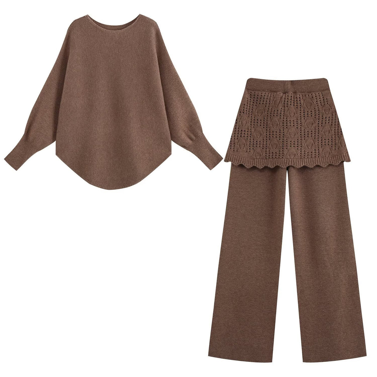 Ladies Two-Piece Knit Set with Oversized Sweater, Lace Pattern Mini Skirt and Wide Palazzo Pants EVA-US
