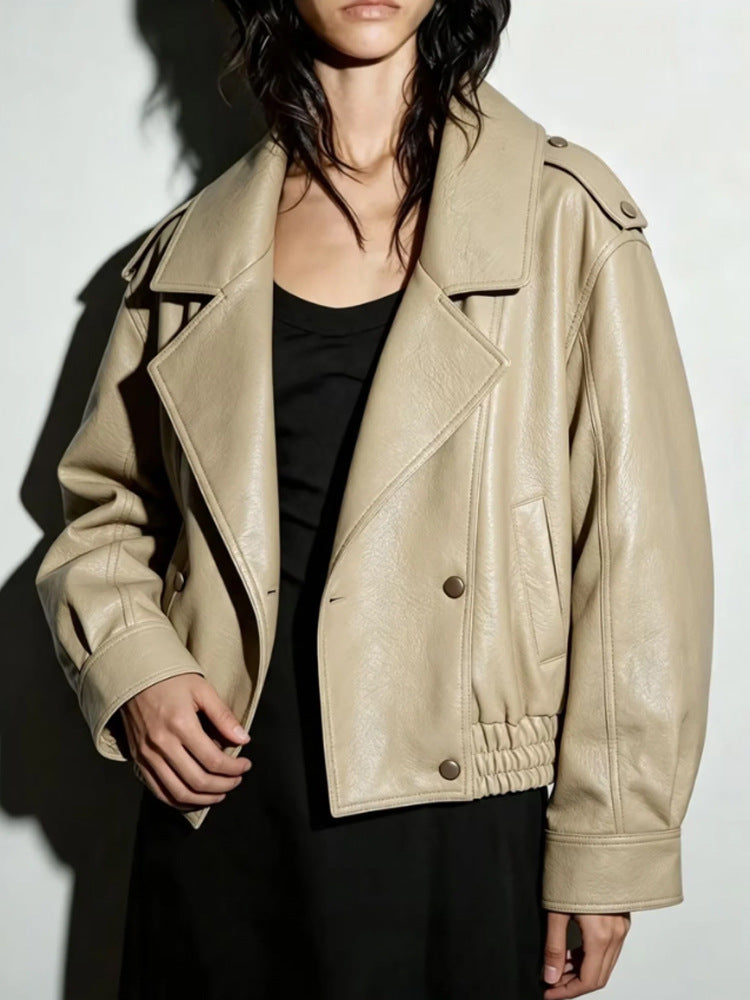 Women's Oversized Faux Leather Blouson with Double-Breasted Button Placket, Wide Lapels and Elastic Hem