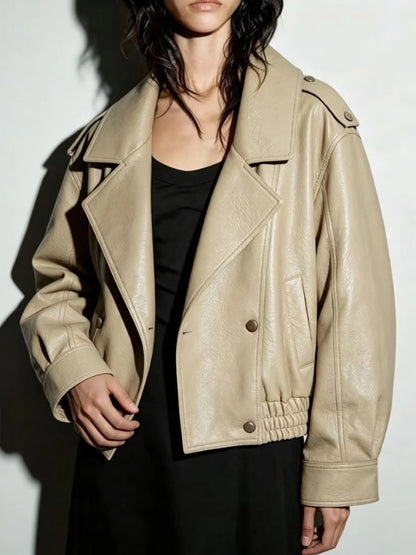 Women's Oversized Faux Leather Blouson with Double-Breasted Button Placket, Wide Lapels and Elastic Hem