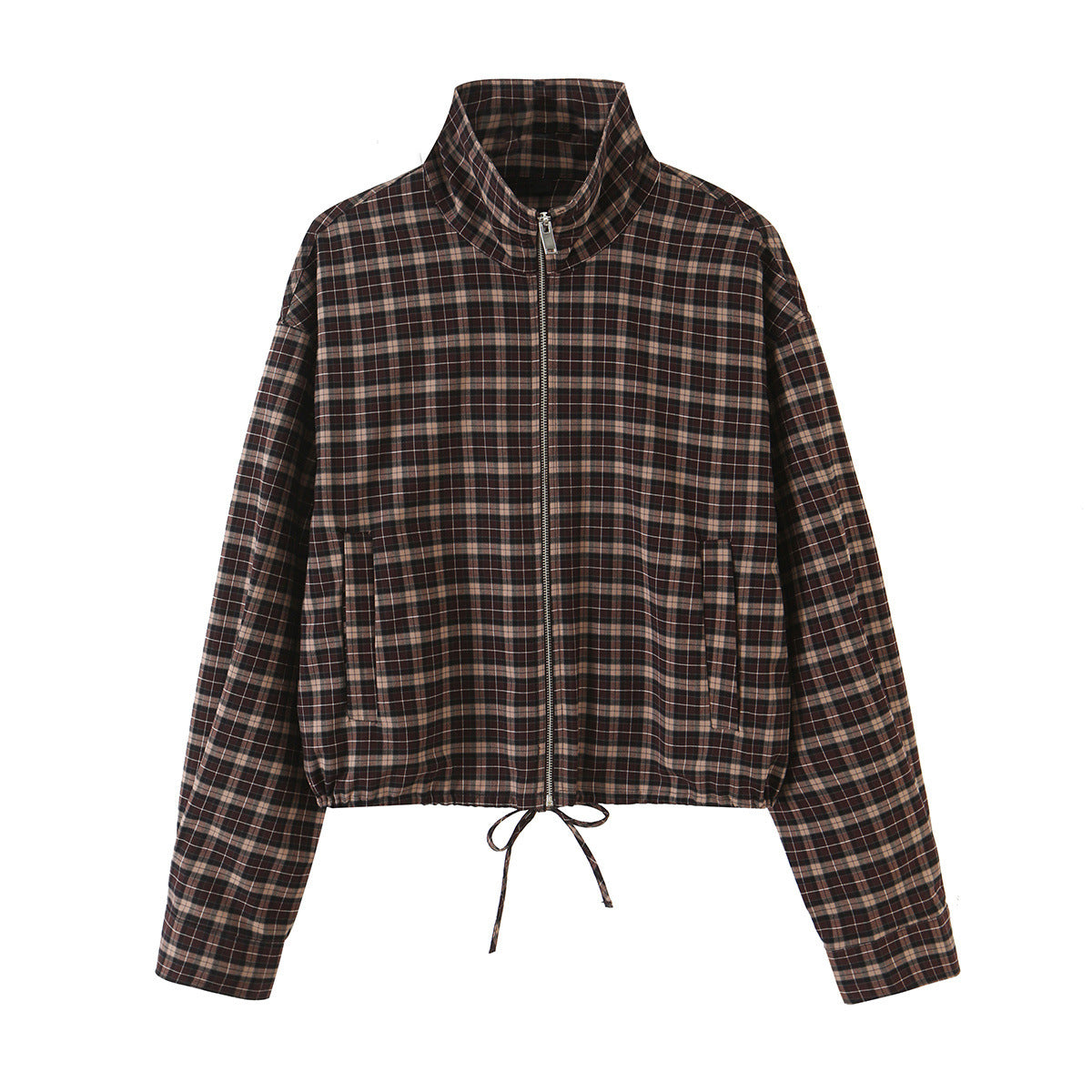Women's Checkered Cropped Jacket with Stand-up Collar, Drawstring Hem and Pockets EVA-US