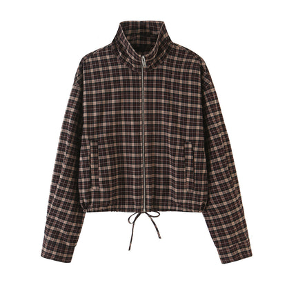 Women's Checkered Cropped Jacket with Stand-up Collar, Drawstring Hem and Pockets EVA-US