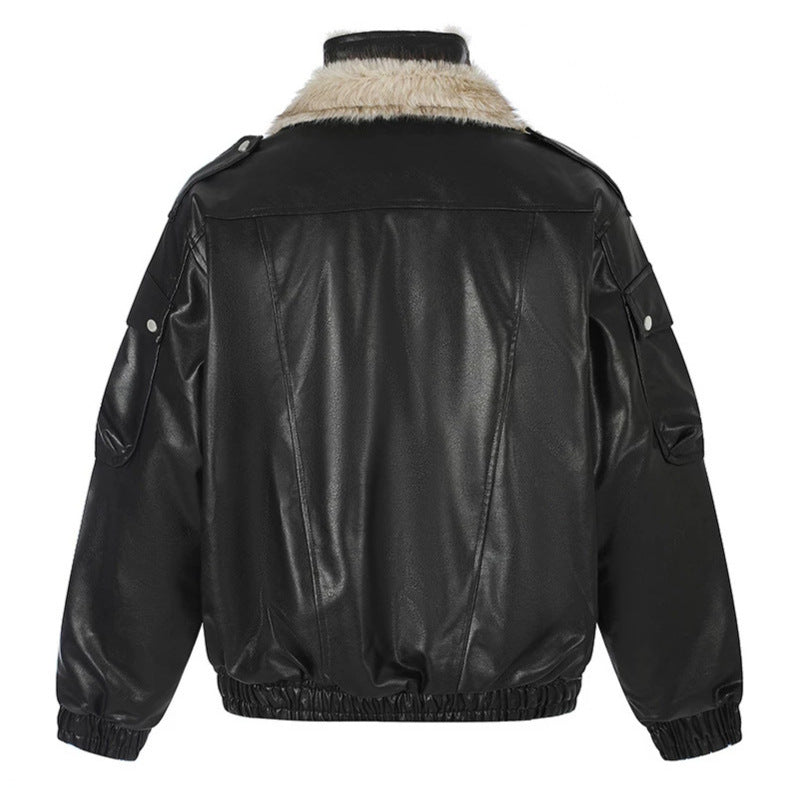 Ladies Oversized Faux Leather Flight Jacket with Teddy Lining and Stand-up Collar EVA-US