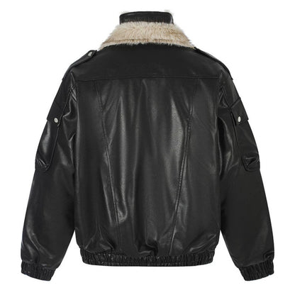 Ladies Oversized Faux Leather Flight Jacket with Teddy Lining and Stand-up Collar EVA-US