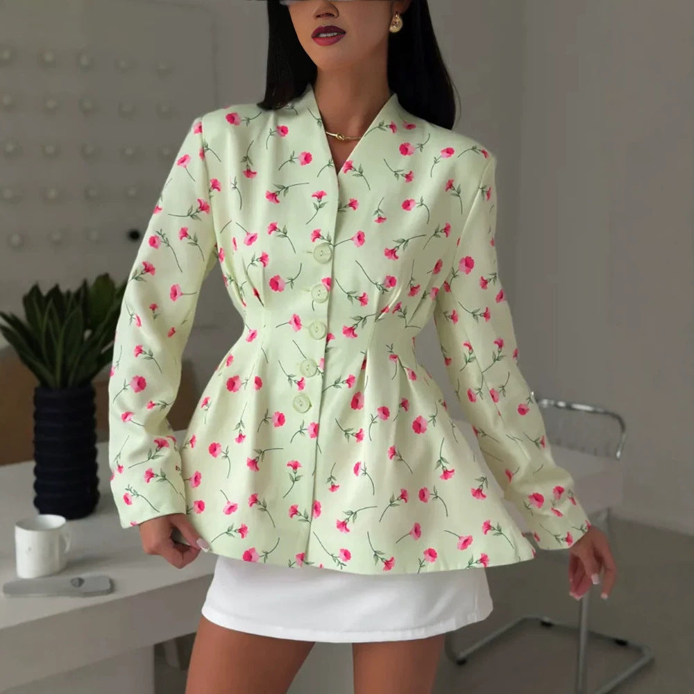 Women's fitted blazer with peplum, decorative buttons and floral pattern EVA-US