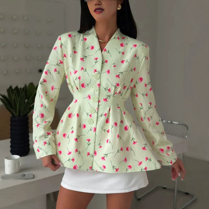 Women's fitted blazer with peplum, decorative buttons and floral pattern EVA-US