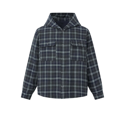 Men's check overshirt with hood, padded shirt jacket and patch pockets EVA-US