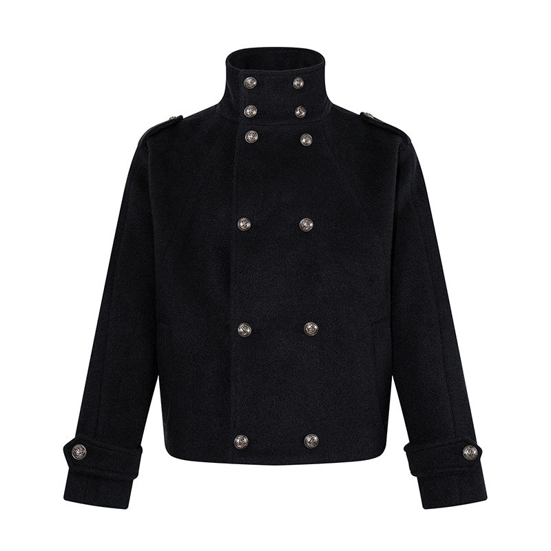 Women Short Double-Breasted Military Cab Jacket with Stand Collar and Epaulettes EVA-US