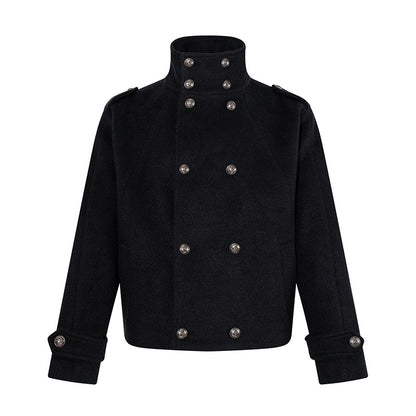 Women Short Double-Breasted Military Cab Jacket with Stand Collar and Epaulettes EVA-US