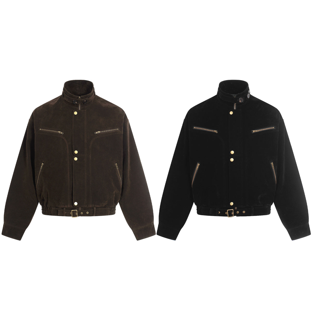 Men's suede aviator-style blouson with stand collar, waist belt, and zip pockets EVA-US