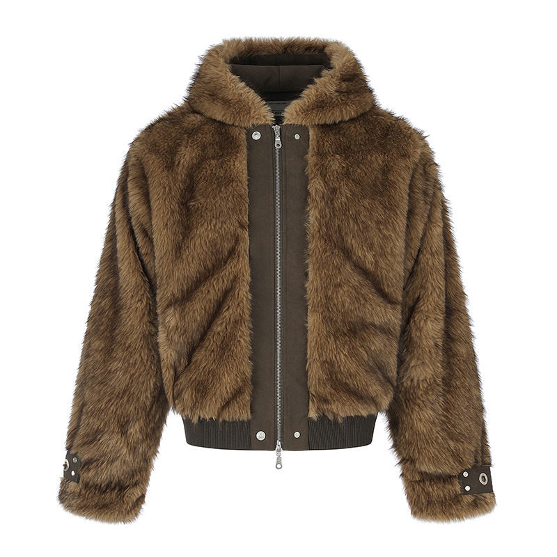 Ladies short cut hooded bomber jacket made of faux fur with ribbed cuffs and two-way zipper EVA-US