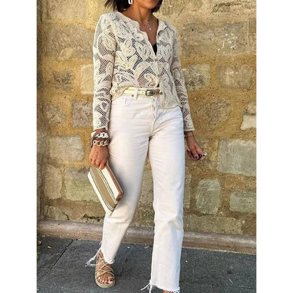 Women's crochet cardigan with floral openwork pattern, button placket & wavy hem EVA-US