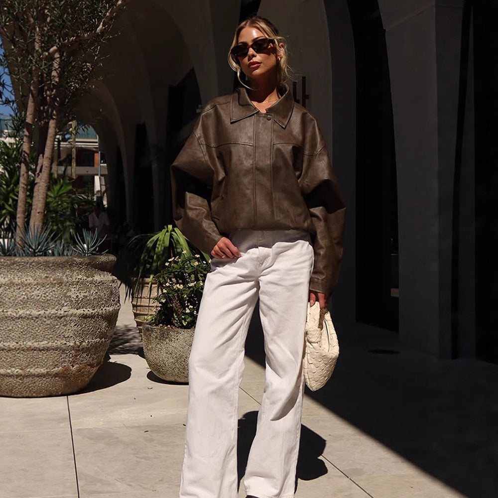 Women Boxy Cropped Faux Leather Blouson with Oversized Shoulder EVA-US