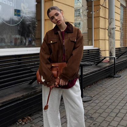 Women's Boxy Suede Blouson Jacket with Cord Collar and Teddy Lining EVA-US