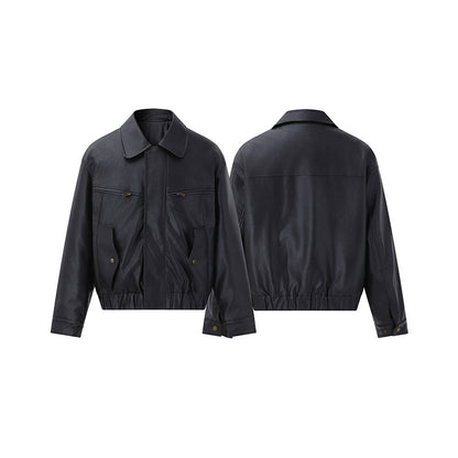 Men's Short Boxy Leather Blouson with Flap Pockets and Elastic Waistband EVA-US