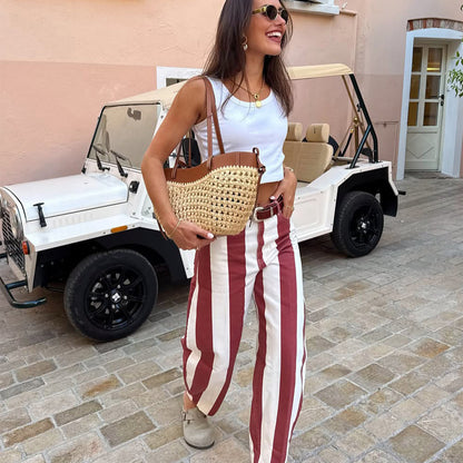 Women's High-Waisted Striped Linen Look Wide-Leg Casual Pants with Belt Loops EVA-US