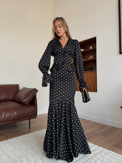 Women Two-Piece Satin Set with Fitted Button Top and Mermaid Skirt EVA-US