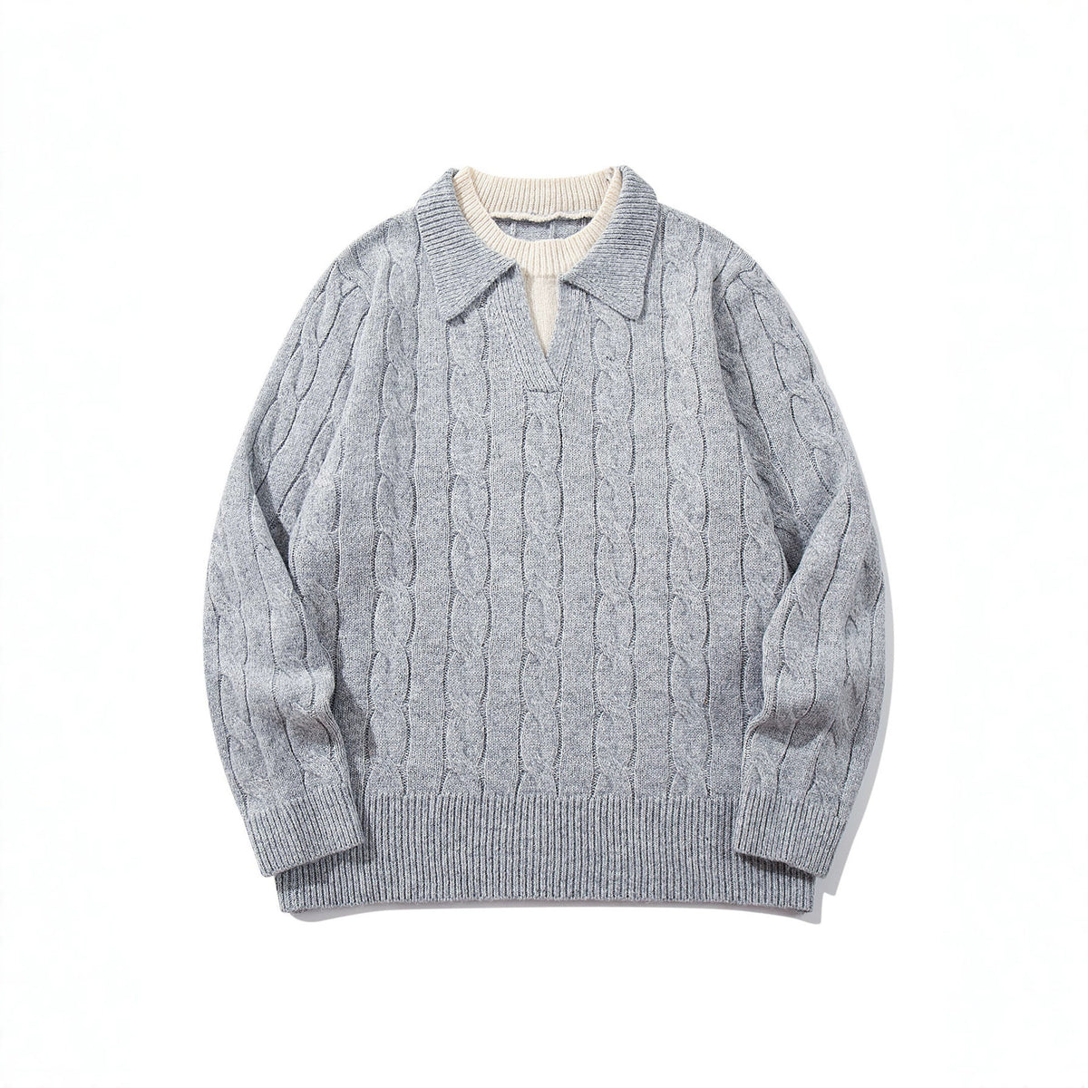 Unisex Structured Cable Knit Sweater with Polo Collar and Deep V-Neck EVA-US