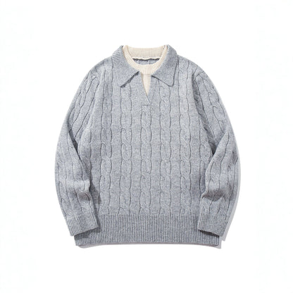 Unisex Structured Cable Knit Sweater with Polo Collar and Deep V-Neck EVA-US