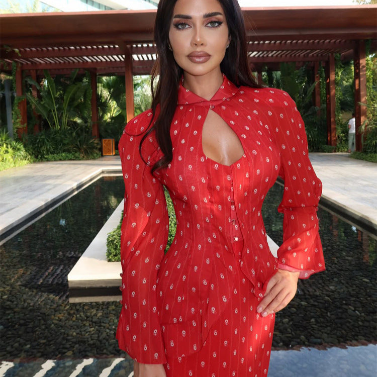 Women's Tailored Midi Dress with Keyhole Neckline, Peplum and Long Puff Sleeves EVA-US