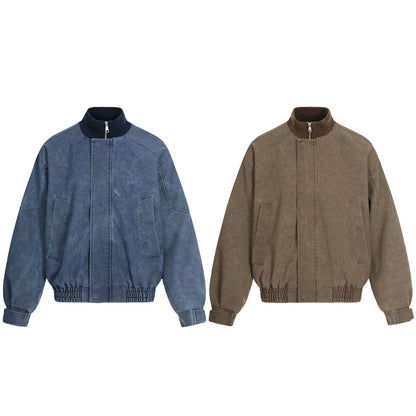 Men's short boxy blouson made of corduroy fabric with high ribbed collar and elastic hem.