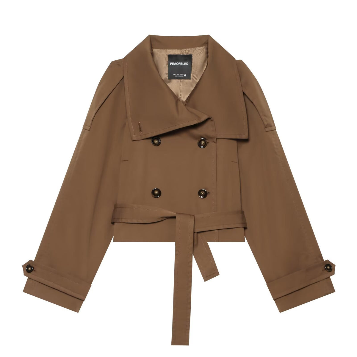 Women's Short Trench Coat in Cropped Cut with Double-Breasted Button Placket and Waist Belt EVA-US