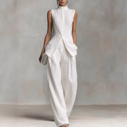 Women's Suit with Stand Collar and Wide Legs – Sleeveless Top & Marlene Pants