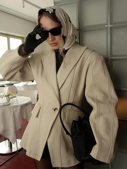 Women Tailored Faux Leather Blazer with Princess Seams and Structured Shoulder EVA-US