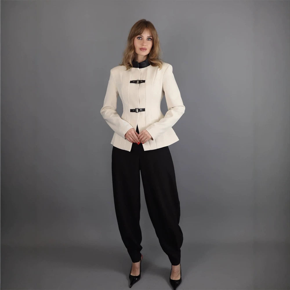 Women's Tailored Blazer with Stand-up Collar, Wiener Seams and Decorative Strap Closures EVA-US