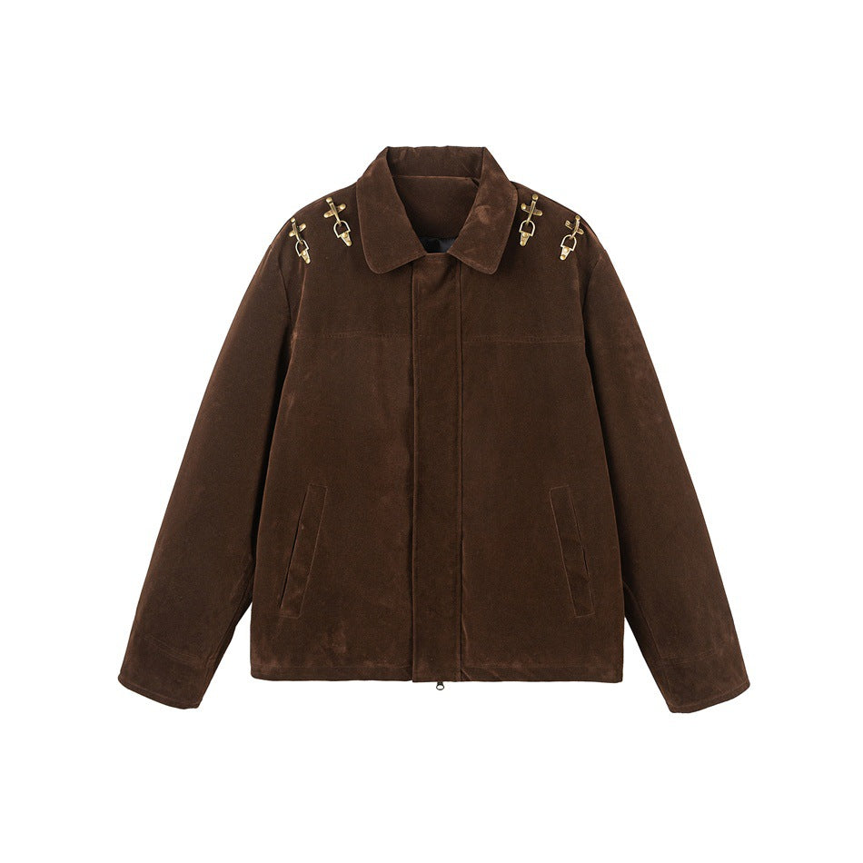 Men's short blouson made of velour optic with decorative metal fasteners on the shoulders EVA-US