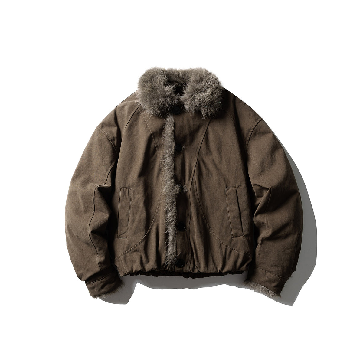 Unisex Short-cut Boxy Bomber Jacket with Faux Fur Trim and Button Placket EVA-US