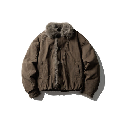 Unisex Short-cut Boxy Bomber Jacket with Faux Fur Trim and Button Placket EVA-US