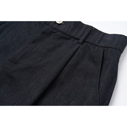 Women's high-waisted wide culotte pants made of denim mix with pleats and button closure EVA-US