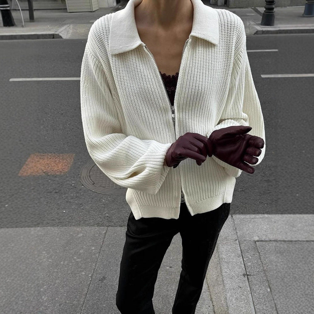 Women's Ribbed Cardigan with Zipper, Shirt Collar & Balloon Sleeves EVA-US