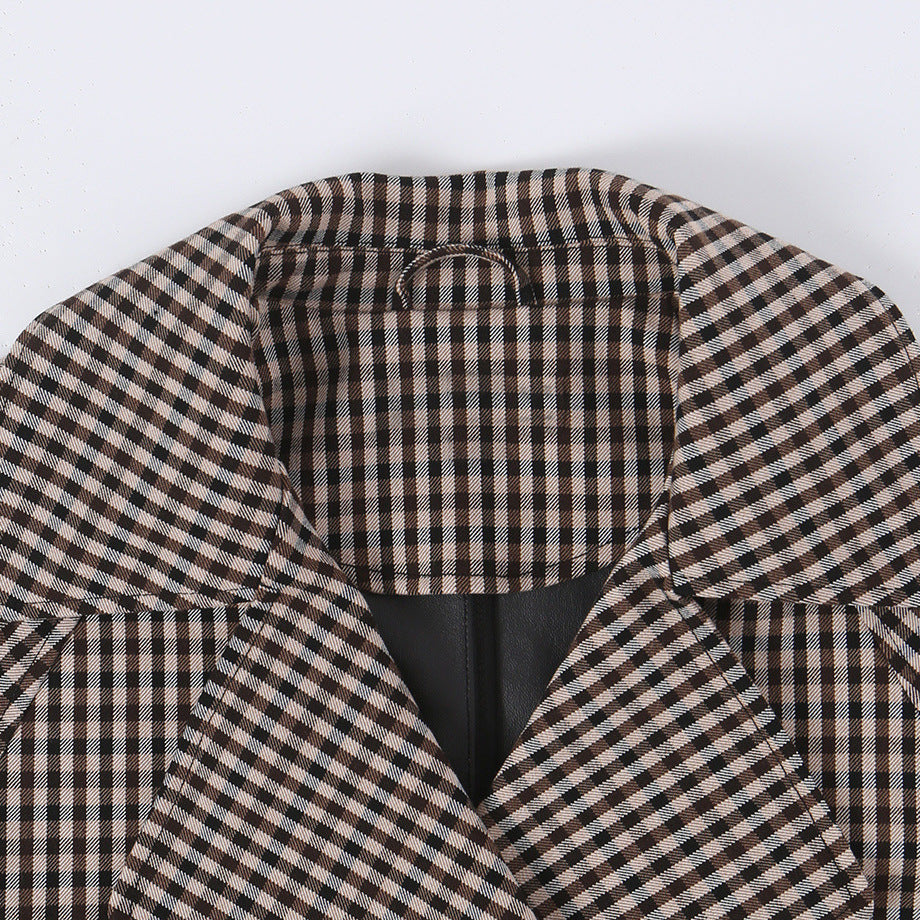Women's Short Checked Trench Coat with Drawstring Waist and Wide Lapels EVA-US