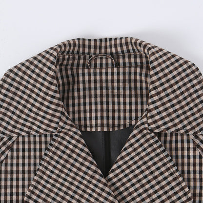 Women's Short Checked Trench Coat with Drawstring Waist and Wide Lapels EVA-US