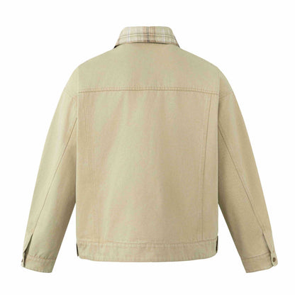 Men's short-cut canvas workwear blouson with check collar and zip chest pocket EVA-US