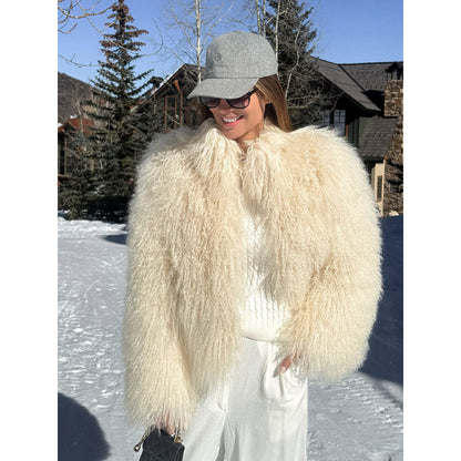 Women's Cozy Short Jacket in Lambskin Look with Curly Long Pile Structure EVA-US